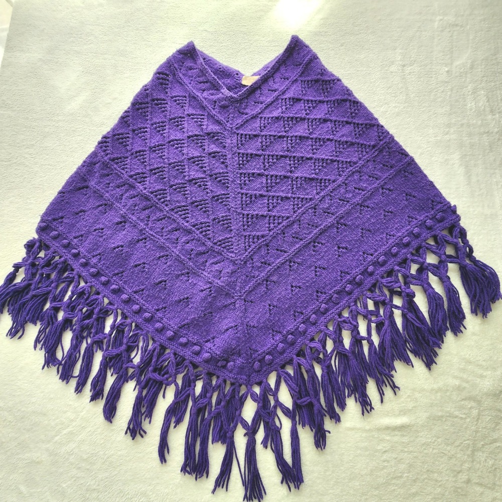 Knit Purple Poncho Fringe Boho Crochet Tassel Wrap Cape Festival Witchy Grunge